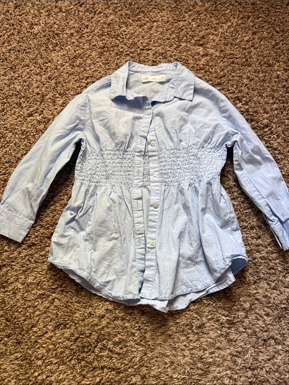 Zara Light Blue Smocked Button-Front Girls' Top